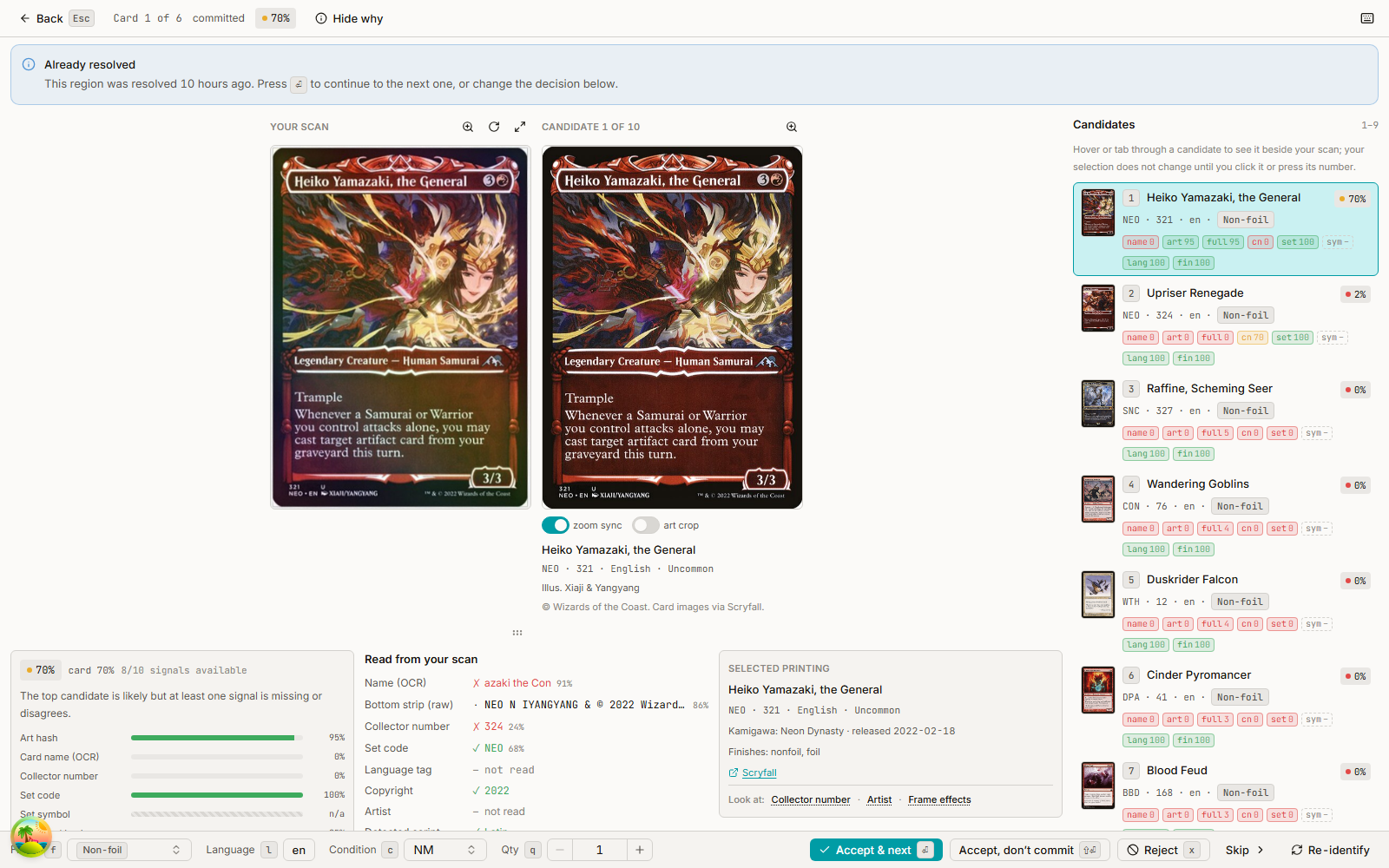 TCG card recognition screen comparing a scanned Magic card with catalog candidates and confidence evidence
